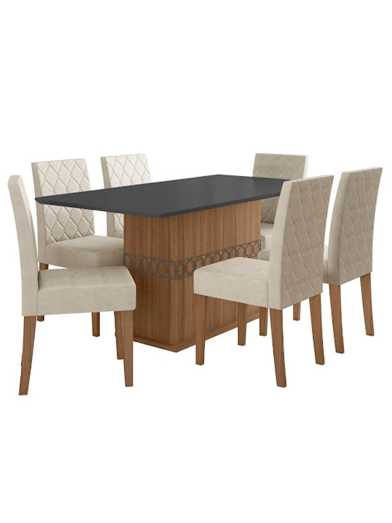 Conjunto Sala de Jantar Mesa com Tampo Chanfrado Agata 6 Cadeiras Estofadas Jade Poliman