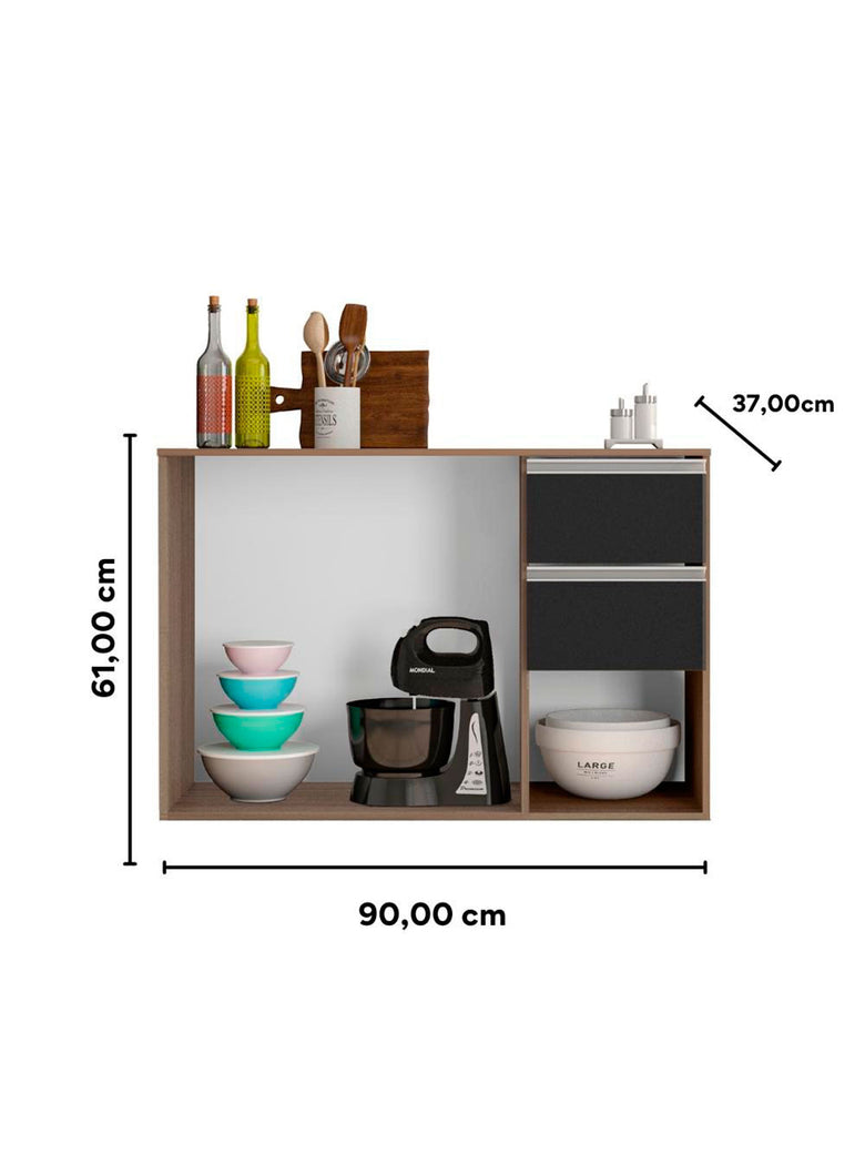 Balcão com Tampo 90cm 3 Portas 2 Gavetas Laura Poliman Móveis