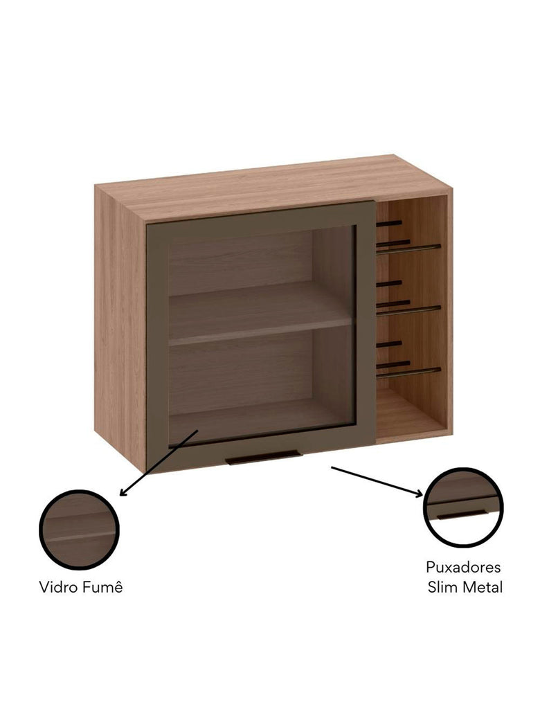 Armário Aéreo 80 cm 1 Porta Vidro Fumê com Adega Etna Poliman Móveis