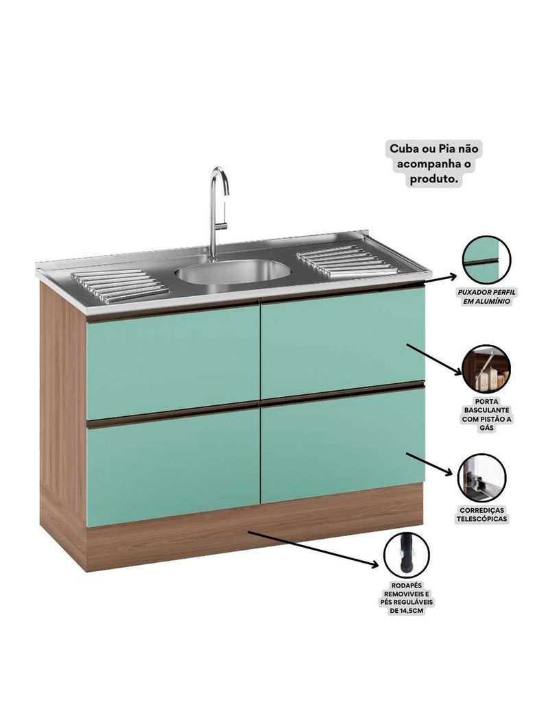 Balcão para Pia e Cuba 120 cm 2 Portas 2 Gavetas Etna Poliman