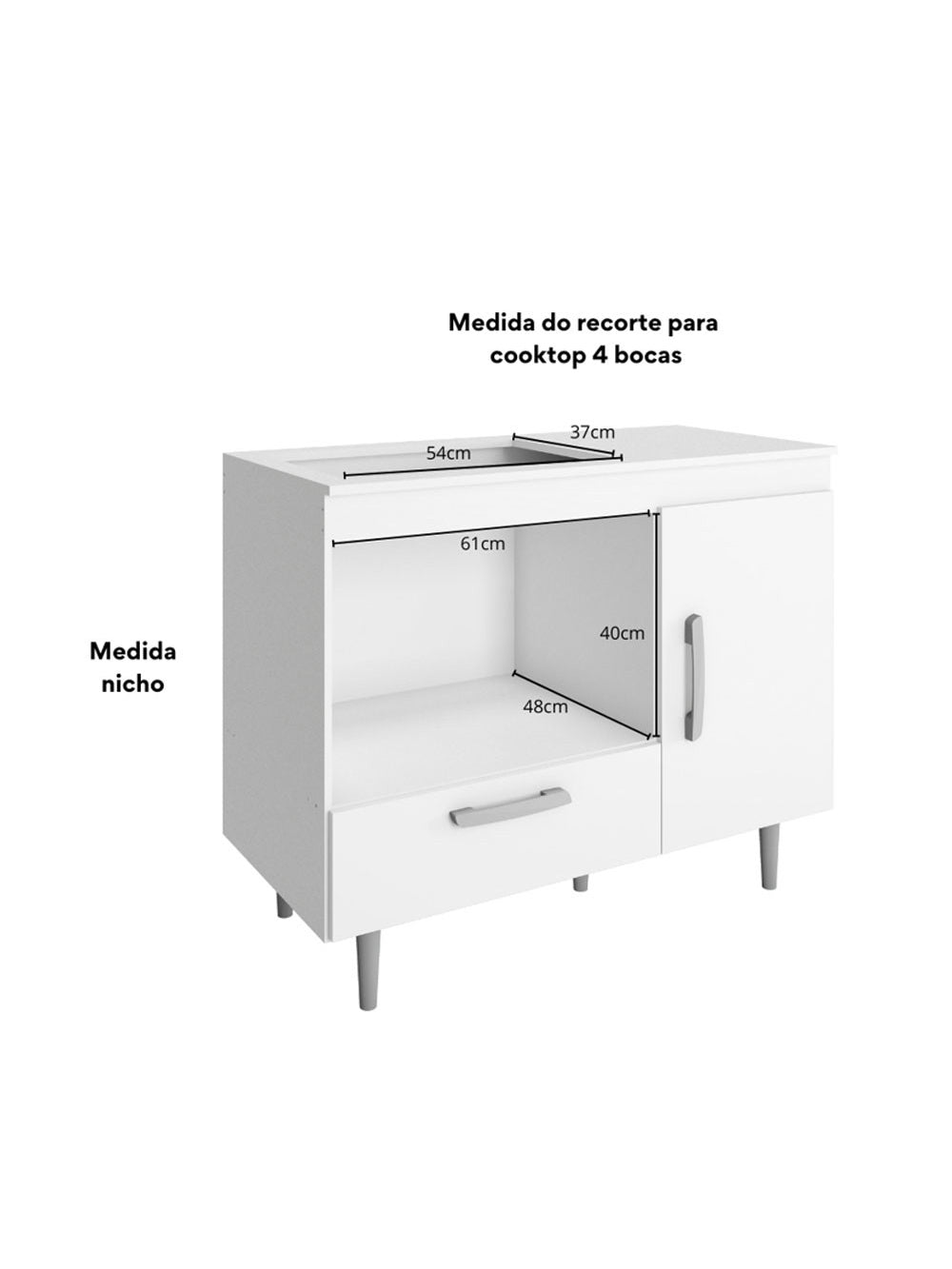 Balcão de Cozinha Alecrim 1 Porta e 1 Gaveta para Cooktop 4 Bocas Poliman Moveis
