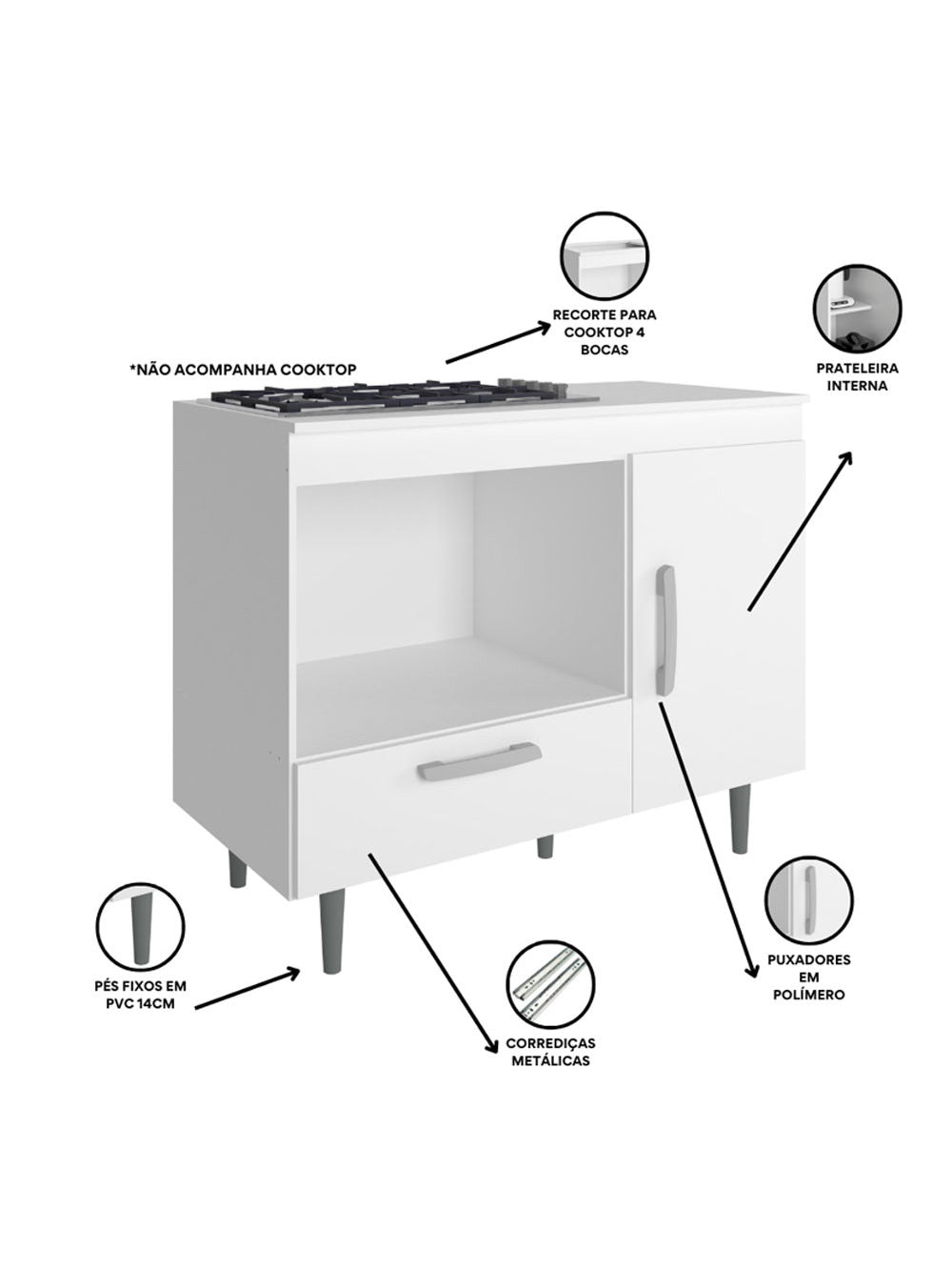 Balcão de Cozinha Alecrim 1 Porta e 1 Gaveta para Cooktop 4 Bocas Poliman Moveis