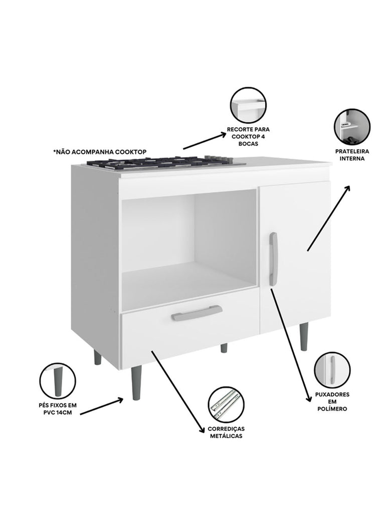 Balcão de Cozinha Alecrim 1 Porta e 1 Gaveta para Cooktop 4 Bocas Poliman Moveis
