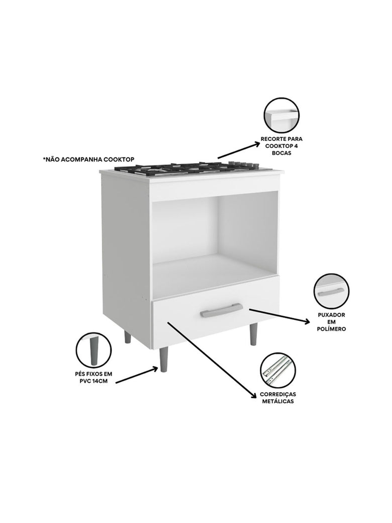 Balcão de Cozinha Alecrim 1 Gaveta para Cooktop 4 Bocas Poliman Móveis