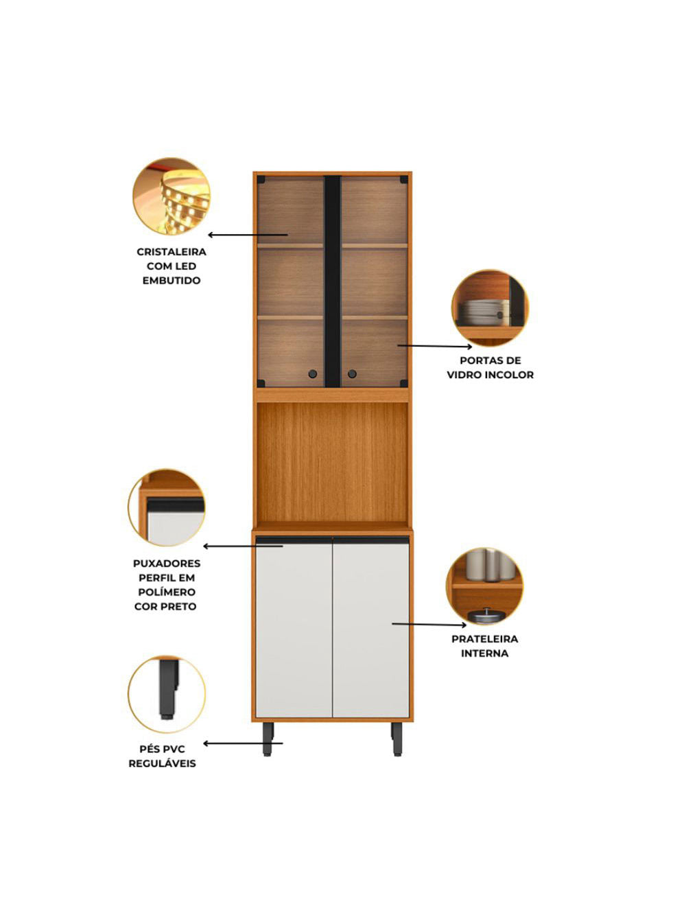 Paneleiro Ravena 04 Portas Duplo Com Vidro e Led Poliman