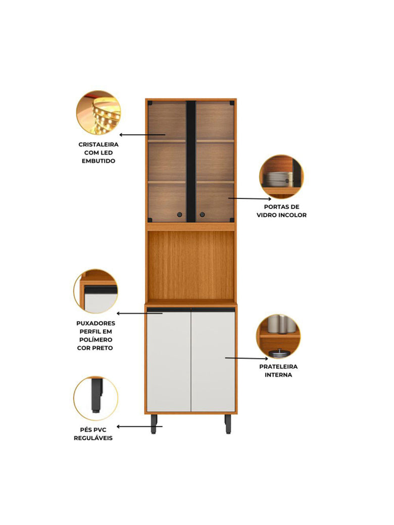 Paneleiro Ravena 04 Portas Duplo Com Vidro e Led Poliman