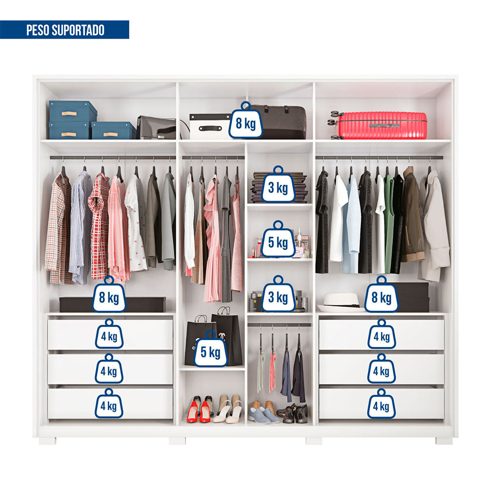 Guarda Roupa Casal Apollo Double Lux com Espelhos 6 Portas 6 Gavetas Caemmun