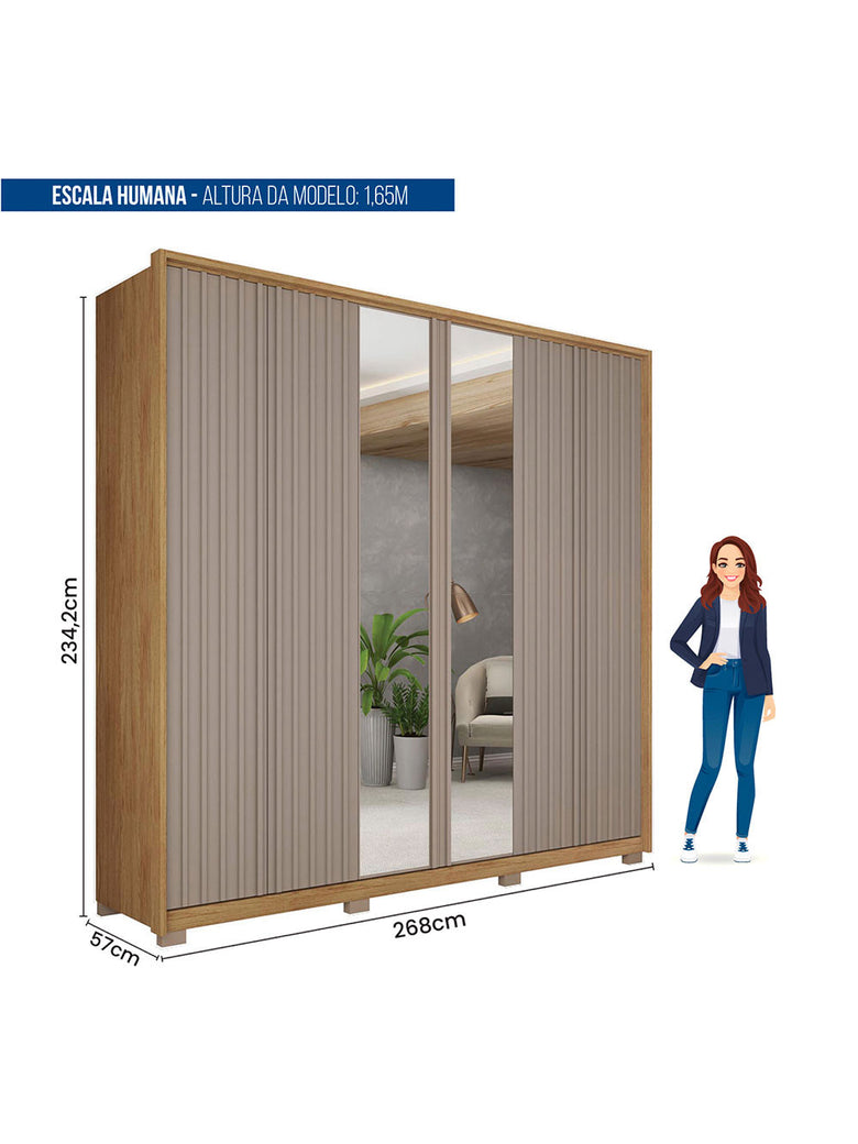 Guarda Roupa Casal Decimus com Espelhos 6 Portas 4 Gavetas com Pés Caemmun