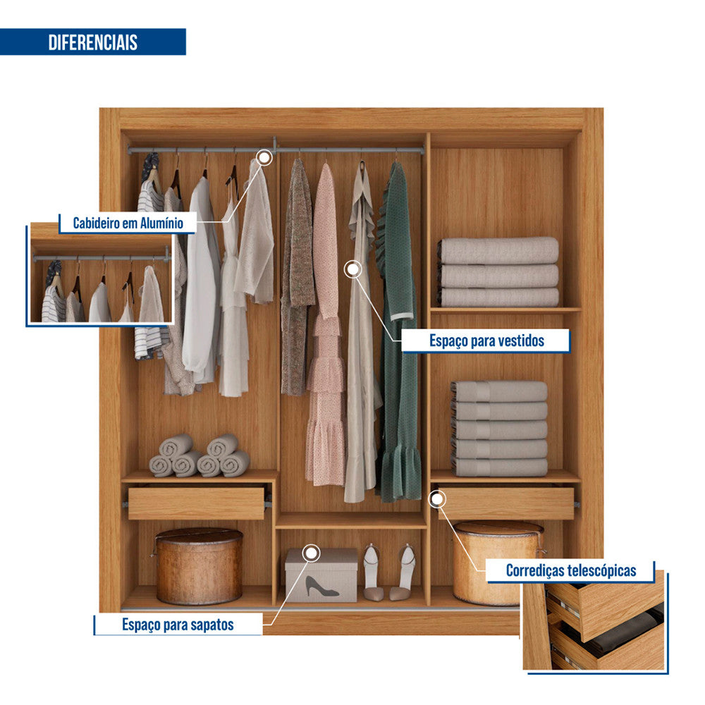 Guarda Roupa com Espelhos 3 Portas 2 Gavetas Santiago Caemmun