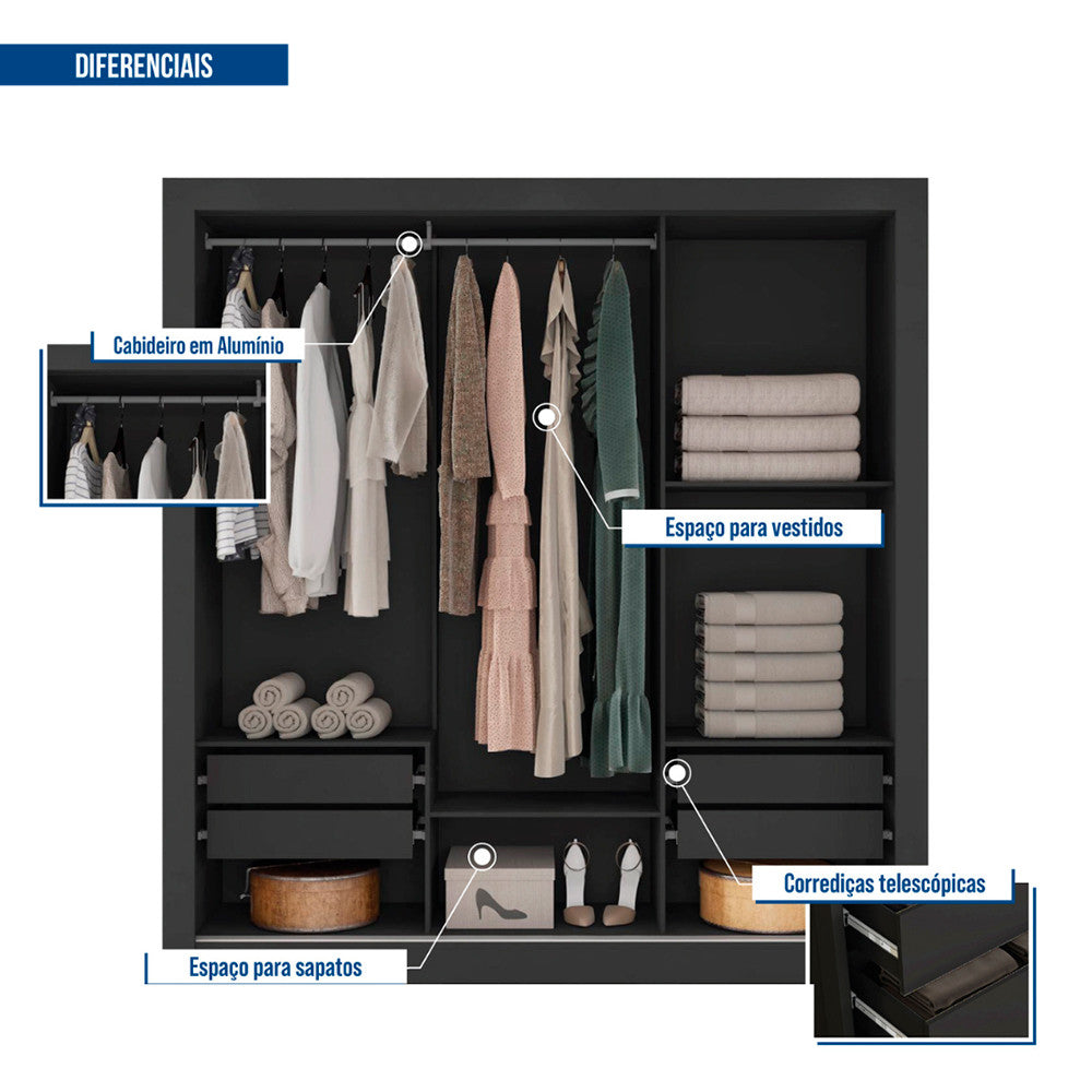 Guarda Roupa com Espelhos 3 Portas 4 Gavetas Santiago Caemmun