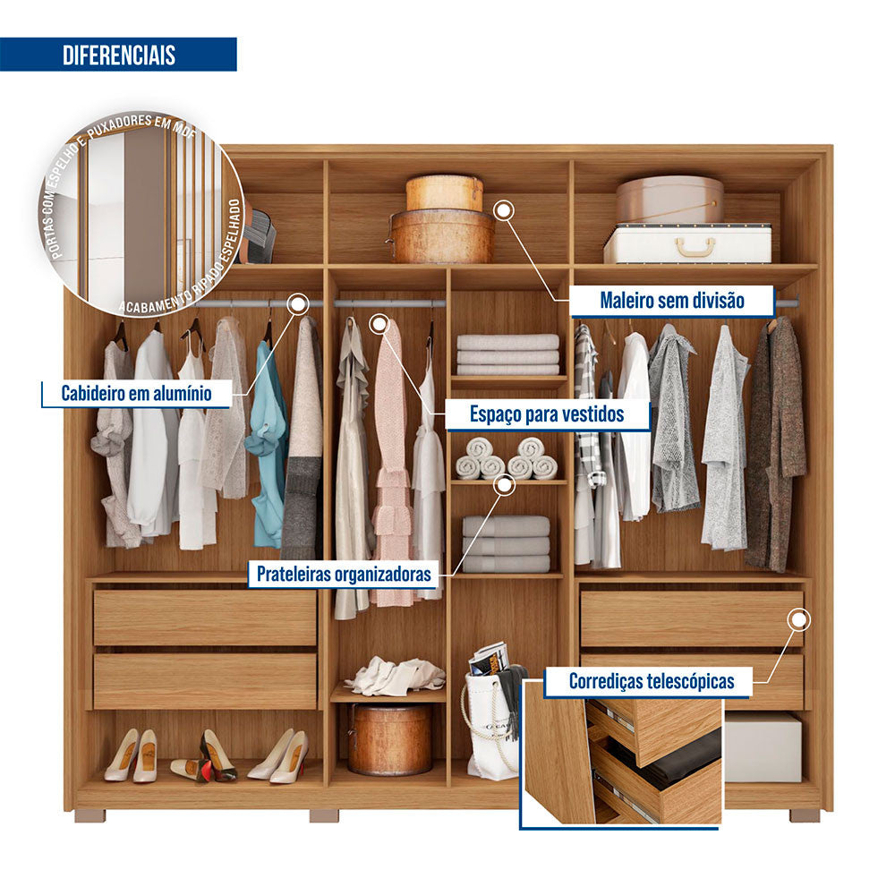 Guarda Roupa Casal Orfeus Lux com Espelhos 6 Portas 4 Gavetas Caemmun