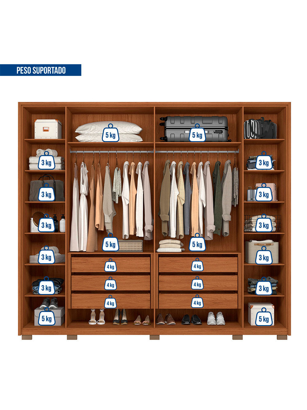 Guarda Roupa Casal Octavius com Vidro Reflecta 6 Portas 6 Gavetas Caemmun