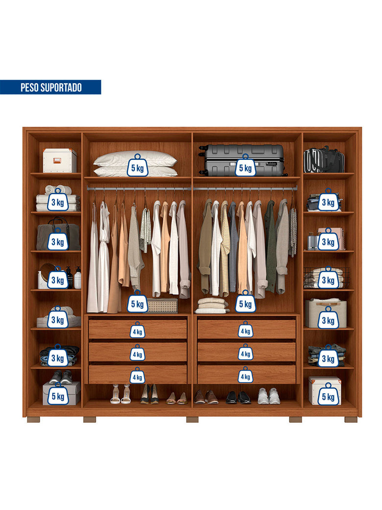 Guarda Roupa Casal Octavius com Vidro Reflecta 6 Portas 6 Gavetas Caemmun