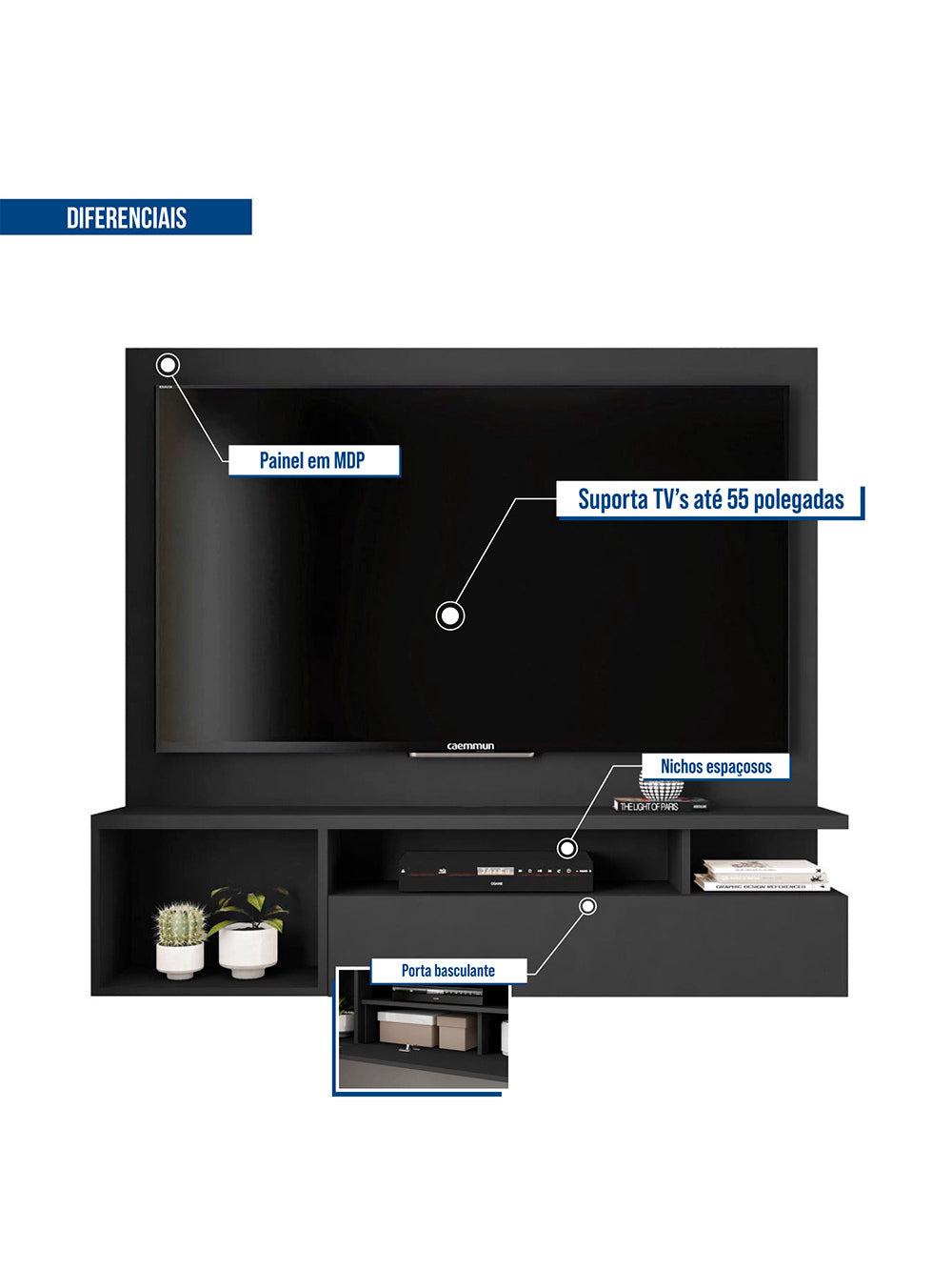 Painel para Tv até 55 Polegadas Nicho com Porta Basculante Brasil Caemmun