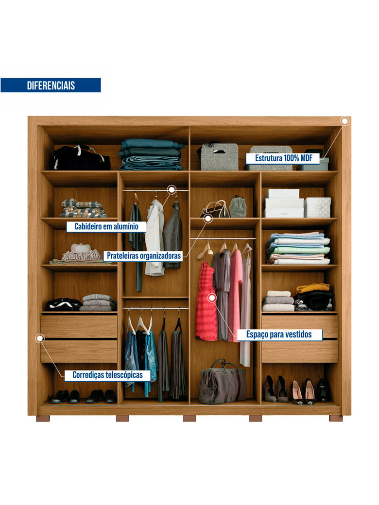 Guarda Roupa Casal Moviment com Espelhos 2 Portas 4 Gavetas Caemmun