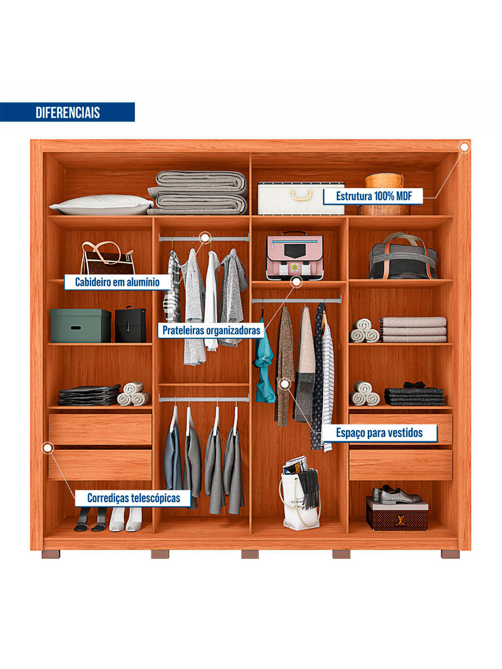 Guarda Roupa Casal Moviment com Espelhos 2 Portas 4 Gavetas Caemmun