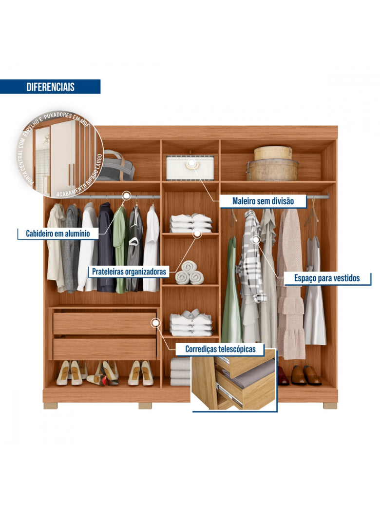 Guarda Roupa Casal Sophia Lux com Espelhos 5 Portas 2 Gavetas Caemmun