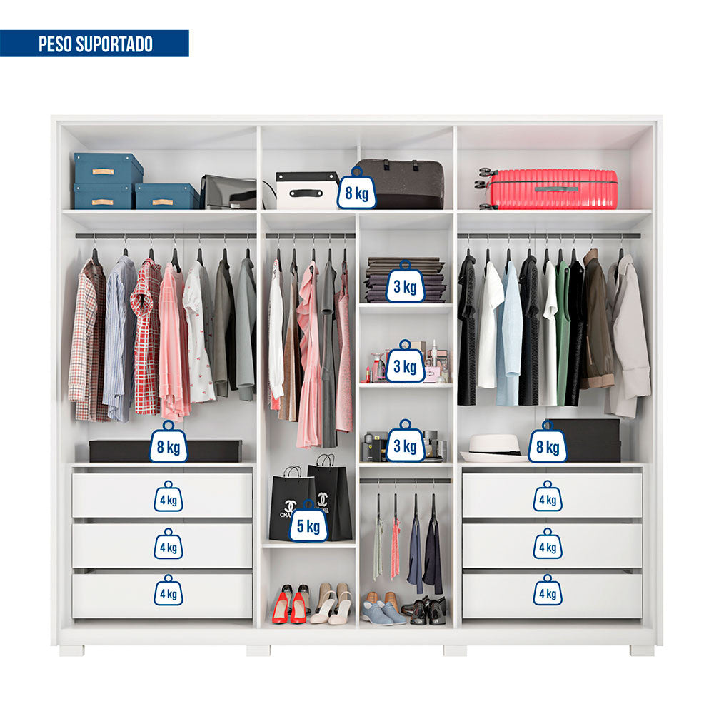Guarda Roupa Casal Orfeus Ripado Espelhado 6 Portas 6 Gavetas Caemmun