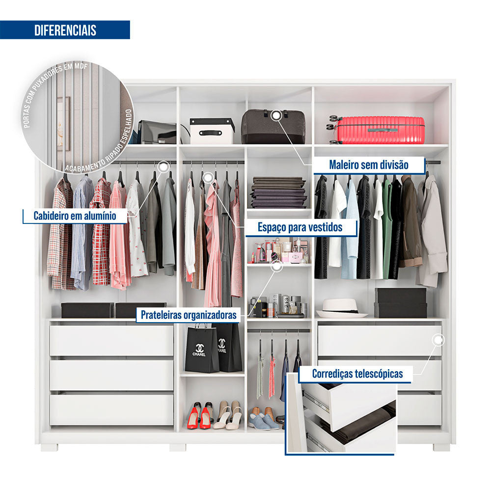 Guarda Roupa Casal Orfeus Ripado Espelhado 6 Portas 6 Gavetas Caemmun