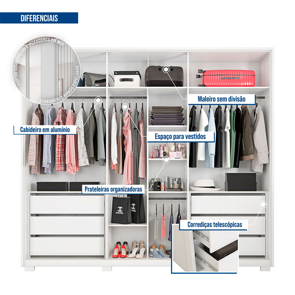Guarda Roupa Casal Orfeus Lux com Espelhos 6 Portas 6 Gavetas Caemmun