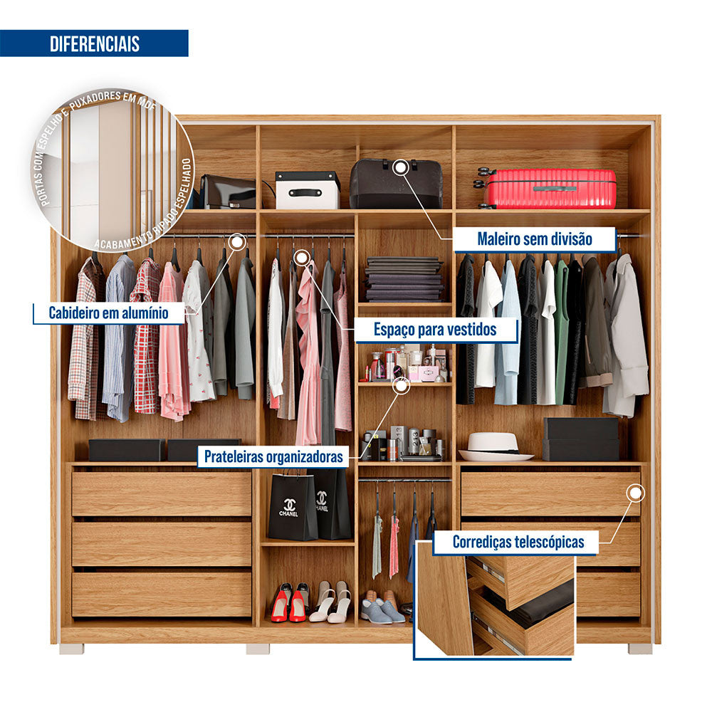 Guarda Roupa Casal Orfeus Lux com Espelhos 6 Portas 6 Gavetas Caemmun