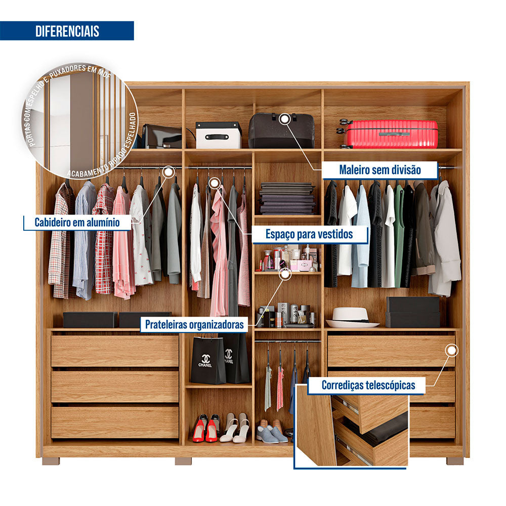 Guarda Roupa Casal Orfeus Lux com Espelhos 6 Portas 6 Gavetas Caemmun