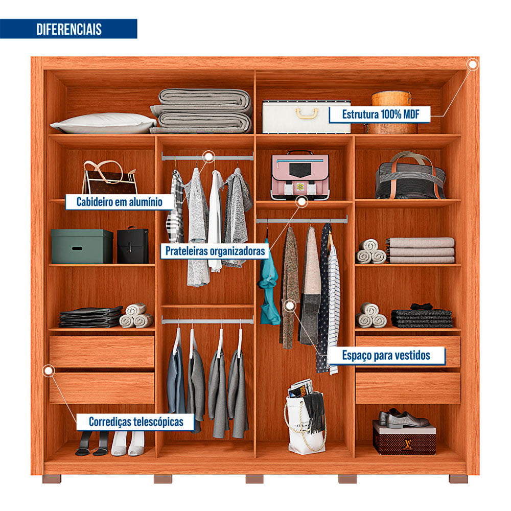 Guarda Roupa Casal Romanus Lux 2 Portas 4 Gavetas com Espelho Caemmun