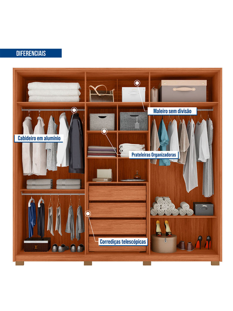 Guarda Roupa Casal Mozart Lux Com Espelhos 6 Portas 4 Gavetas Caemmun