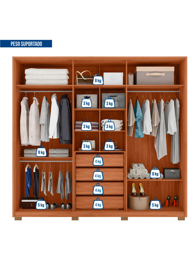 Guarda Roupa Casal Mozart Lux Com Espelhos 6 Portas 4 Gavetas Caemmun