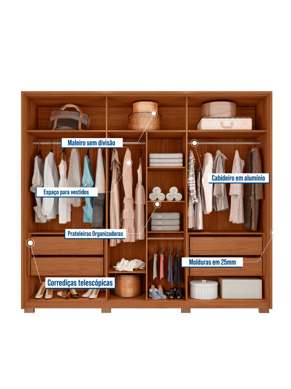 Guarda Roupa Casal Apollo Lux com Espelhos 6 Portas 4 Gavetas Caemmun