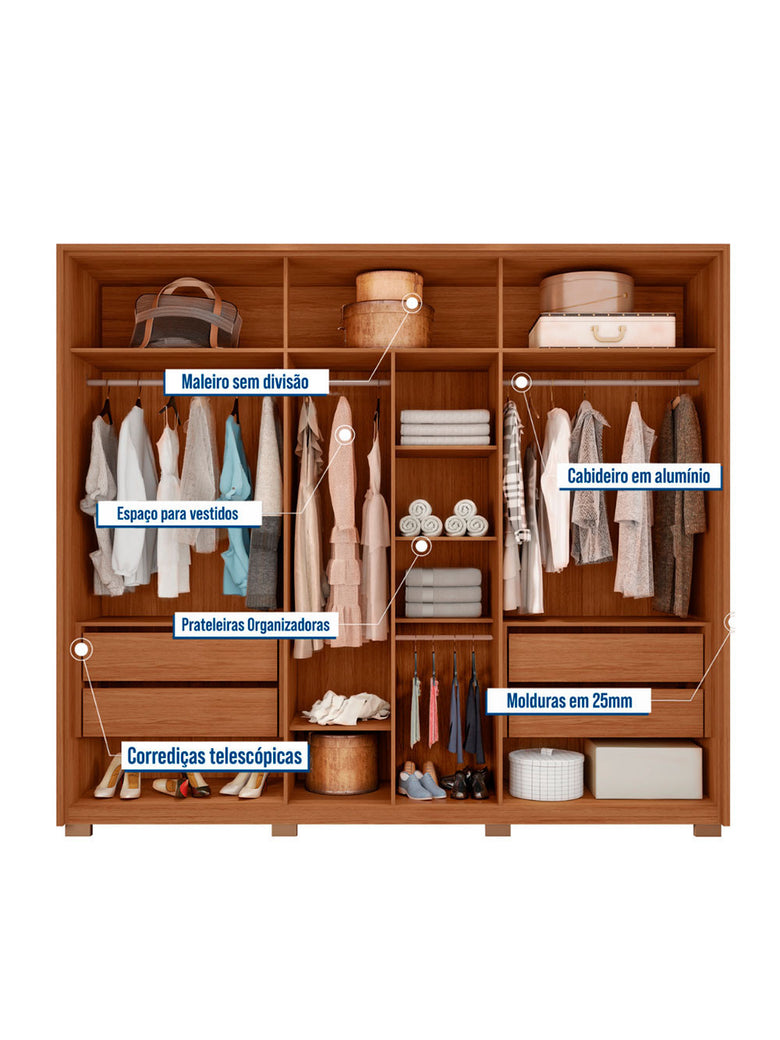 Guarda Roupa Casal Apollo Lux com Espelhos 6 Portas 4 Gavetas Caemmun