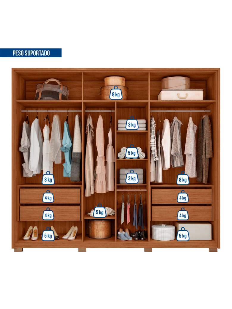 Guarda Roupa Casal Apollo Lux com Espelhos 6 Portas 4 Gavetas Caemmun
