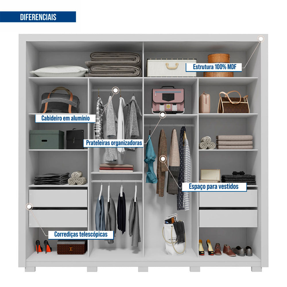 Guarda Roupa Casal Romanus Lux 2 Portas 4 Gavetas com Espelho Caemmun