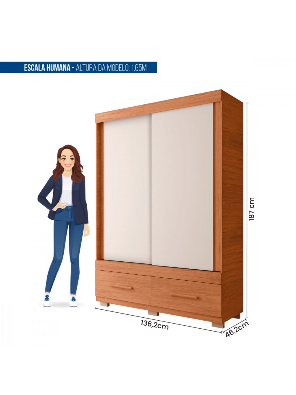 Guarda-roupa Solteiro 2 Portas de Correr 2 Gavetas Sereno Caemmun