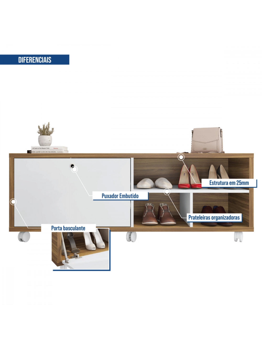 Sapateira Recamier porta basculante com rodízios Estilo