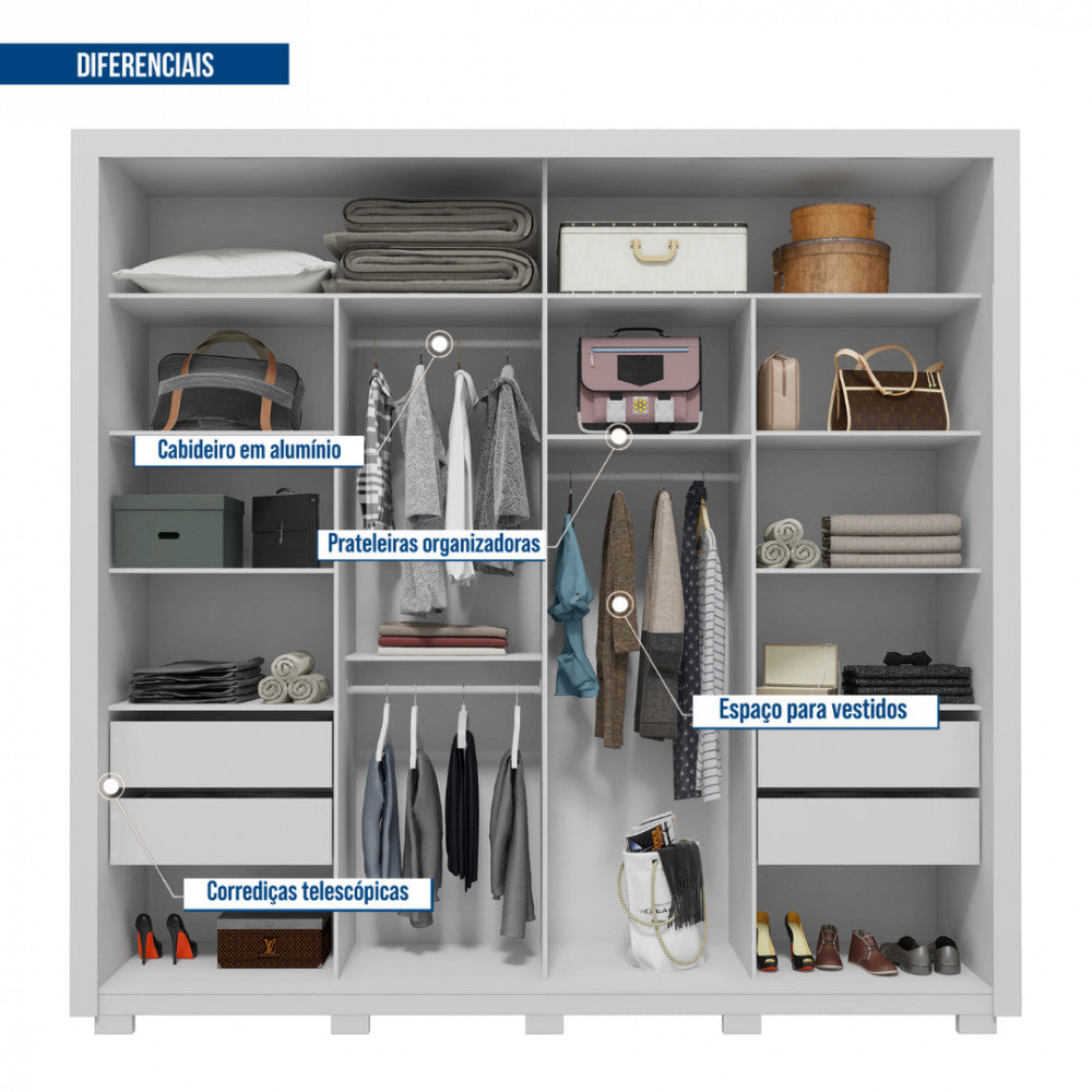 Guarda Roupa Casal 2 Portas 4 Gavetas com Espelho Romanus Double Lux Caemmun