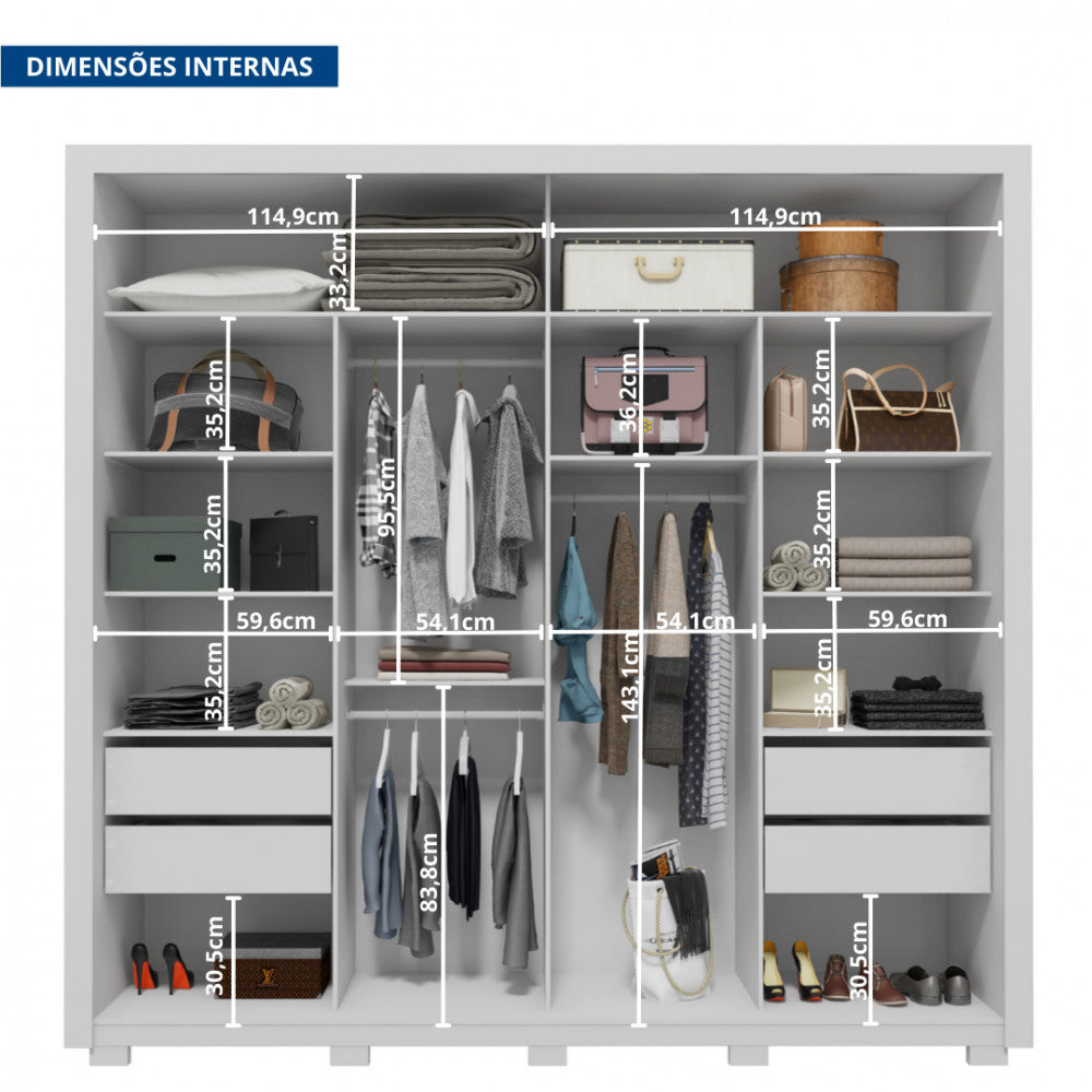 Guarda Roupa Casal 2 Portas 4 Gavetas com Espelho Romanus Double Lux Caemmun