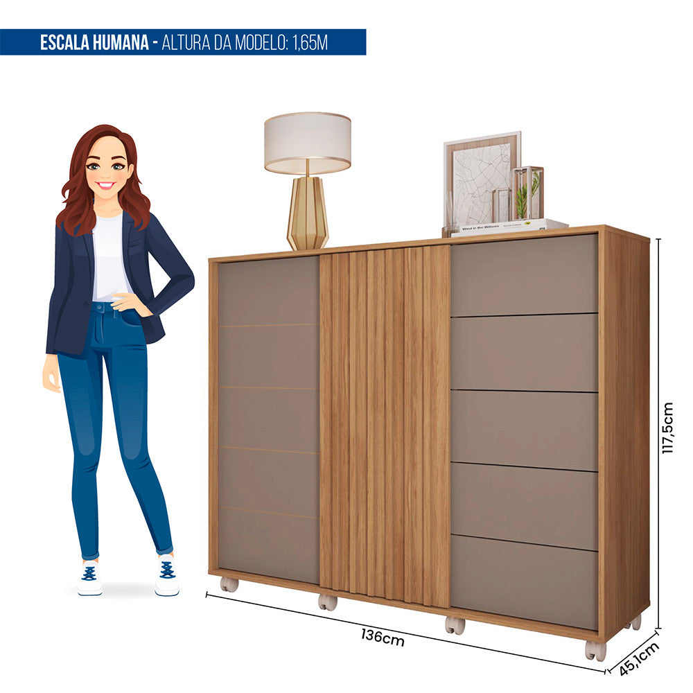 Cômoda Espaçosa Pegasus 2 Portas 5 Gavetas 3 Prateleiras Caemmun