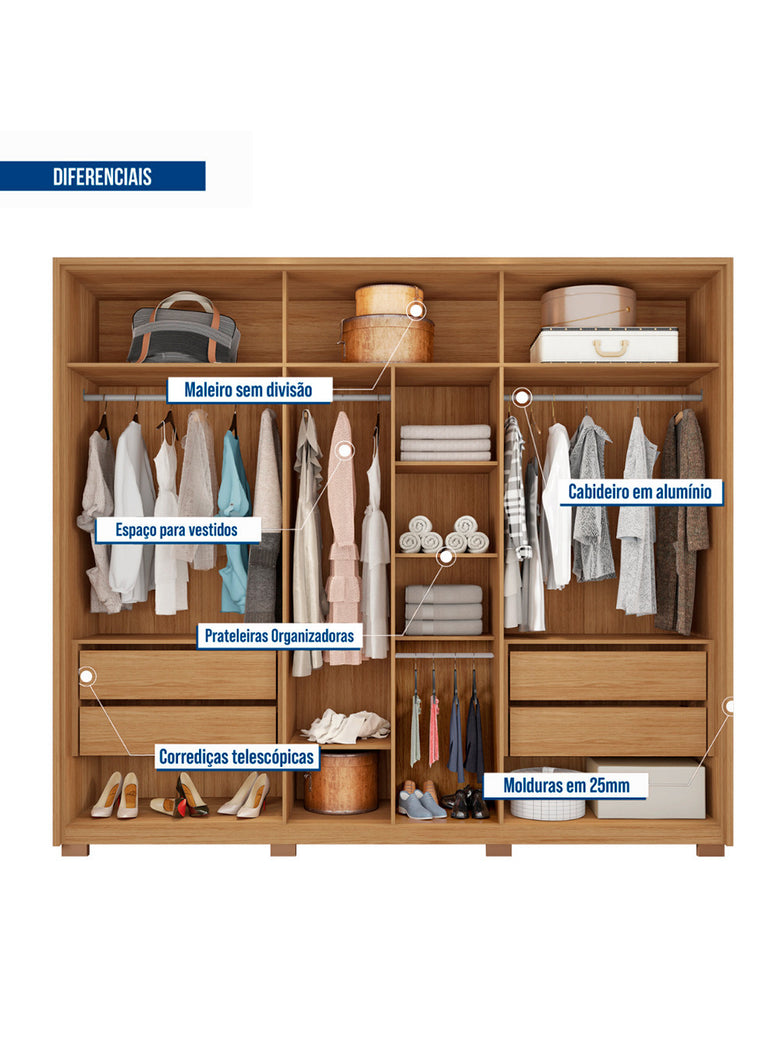 Guarda Roupa Casal Apollo Double Lux com Espelhos 6 Portas 4 Gavetas Caemmun