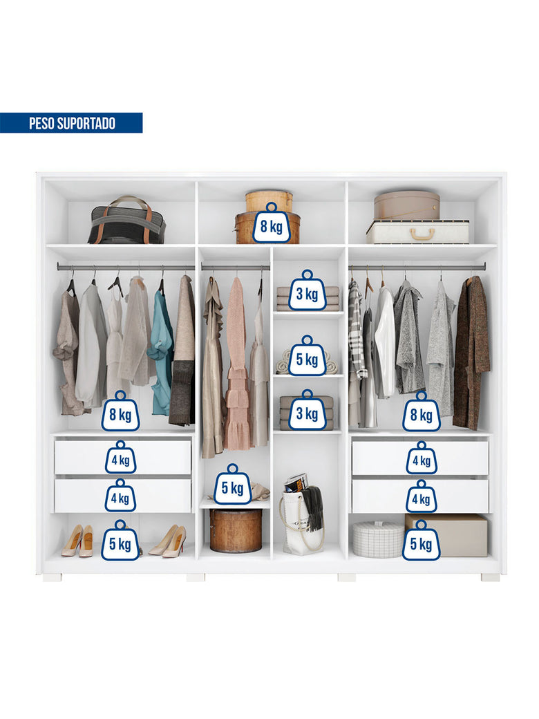 Guarda Roupa Casal Apollo Double Lux com Espelhos 6 Portas 4 Gavetas Caemmun