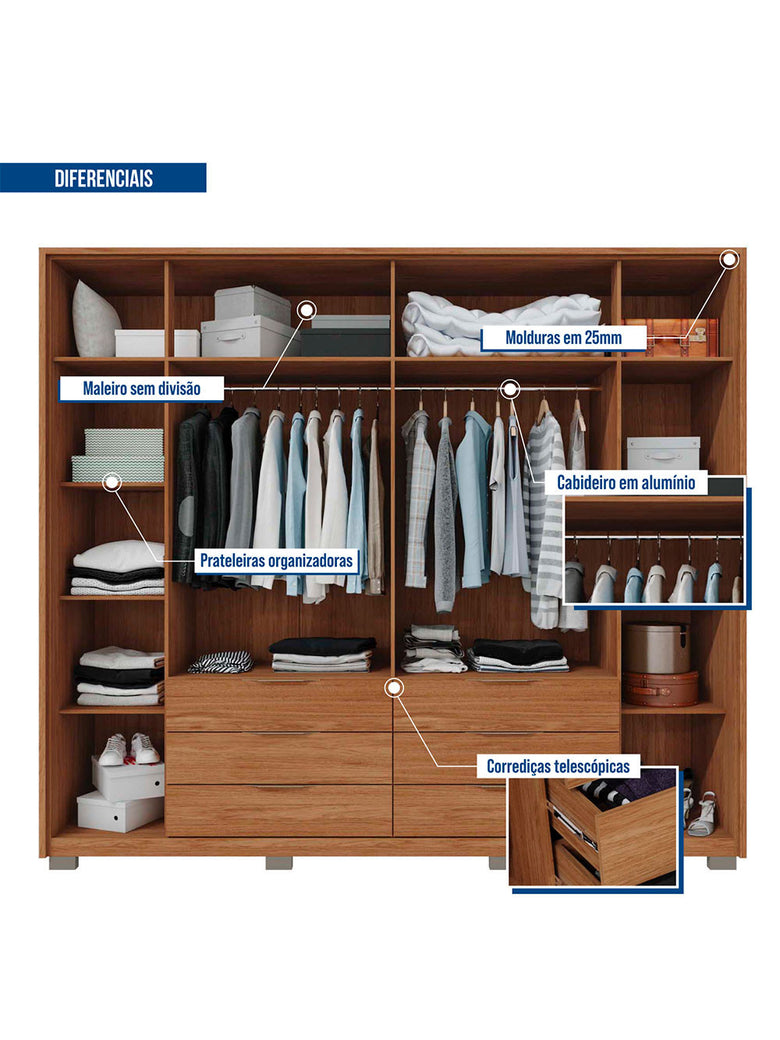 Guarda Roupa Casal Maximus Double Lux com Espelhos 6 Portas 6 Gavetas Caemmun