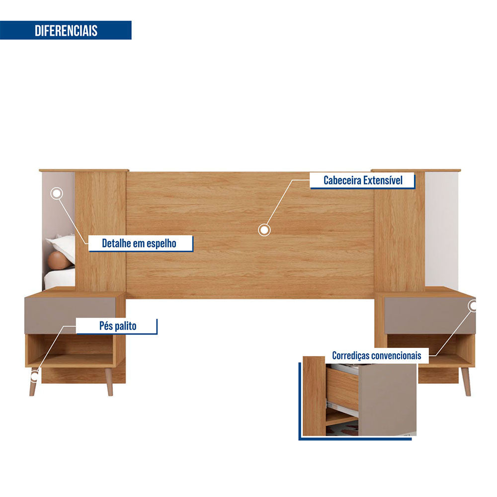 Cabeceira Casal Extensível Reflex com Espelhos 2 Mesas 2 Gaveta Caemmun