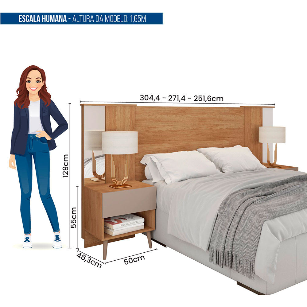 Cabeceira Casal Extensível Reflex com Espelhos 2 Mesas 2 Gaveta Caemmun