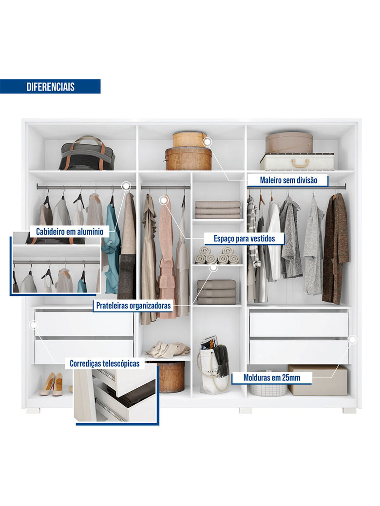 Guarda Roupa Casal Apollo Lux com Espelhos 6 Portas 4 Gavetas Caemmun