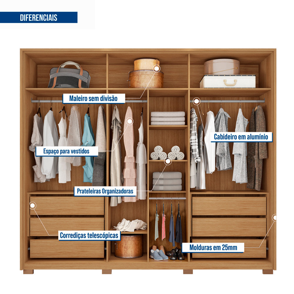 Guarda Roupa Casal Apollo Lux com Espelhos 6 Portas 6 Gavetas Caemmun