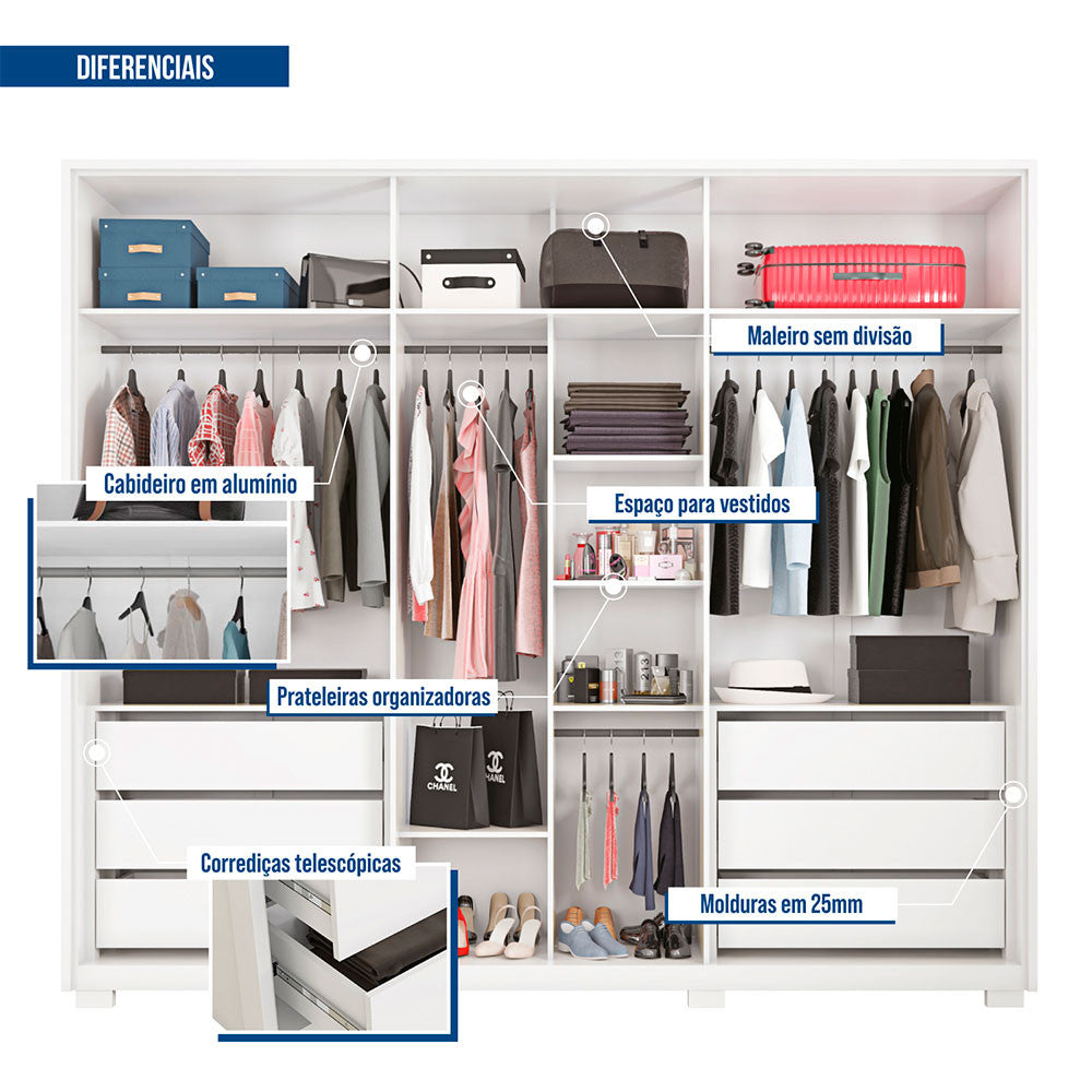 Guarda Roupa Casal Apollo Lux com Espelhos 6 Portas 6 Gavetas Caemmun