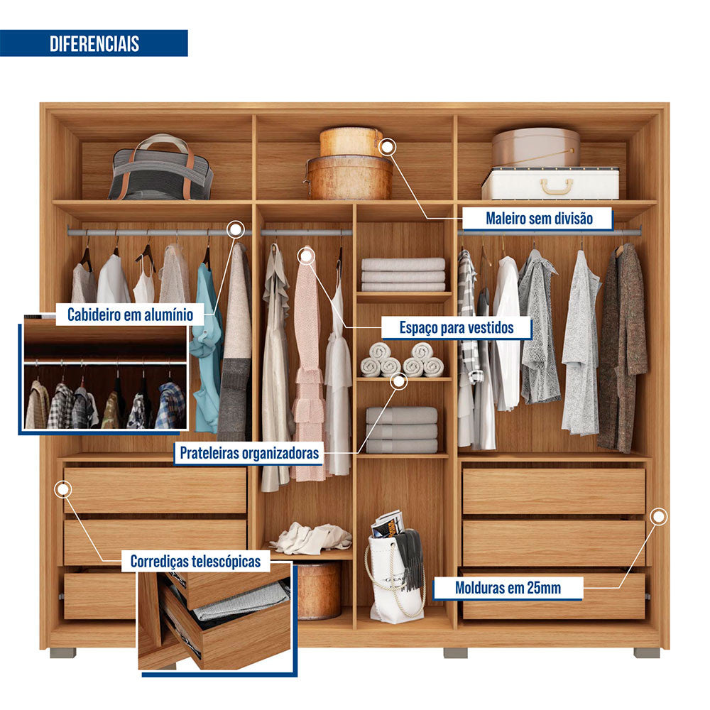 Guarda Roupa Casal Gladiador Double Lux com Espelhos 6 Portas 6 Gavetas Caemmun