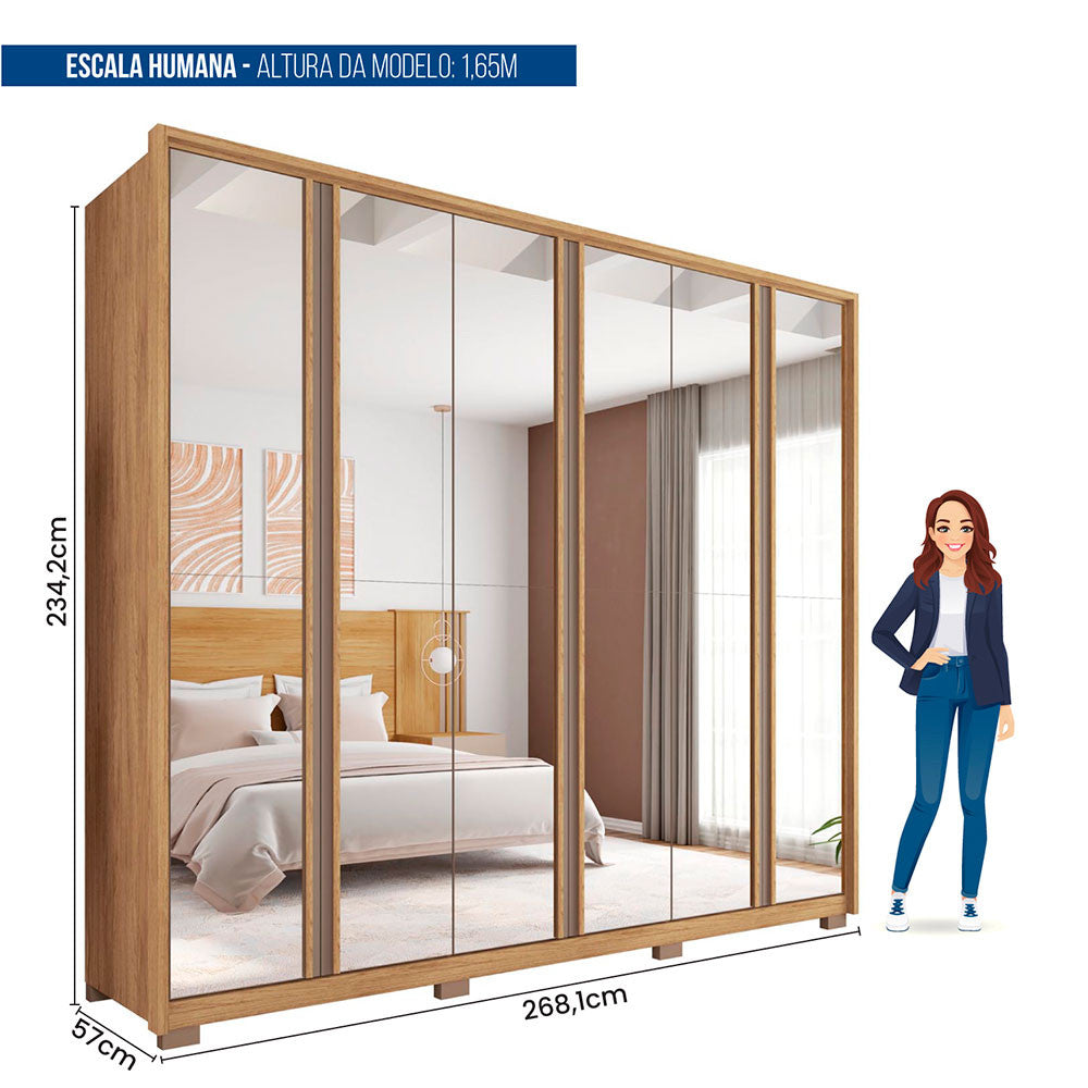 Guarda Roupa Casal Gladiador Double Lux com Espelhos 6 Portas 6 Gavetas Caemmun