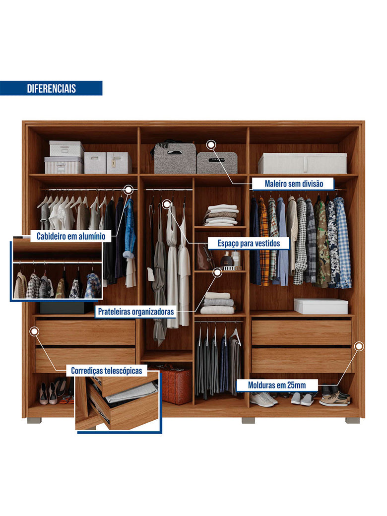 Guarda Roupa Casal Gladiador Double Lux com Espelhos 6 Portas 4 Gavetas Caemmun
