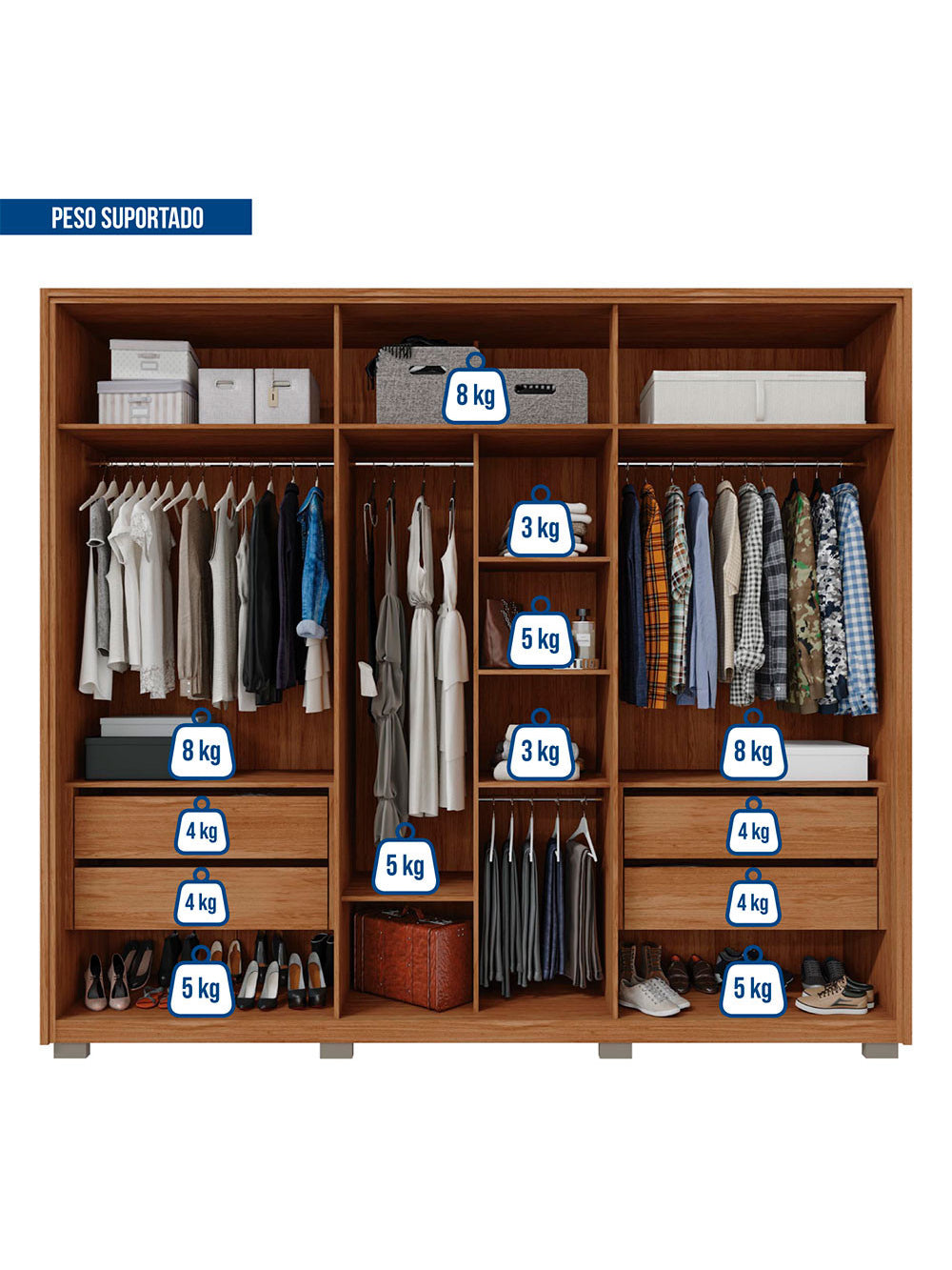 Guarda Roupa Casal Gladiador Double Lux com Espelhos 6 Portas 4 Gavetas Caemmun